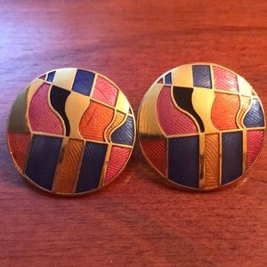 Multicolored earrings clip vintage round vintage 80’ enamel inlay  abstract